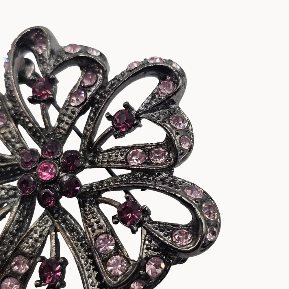 Rhinestone Floral Butterfly Brooch Pin Set 3pc Purple Pink Gunmetal‎ Whimsigoth